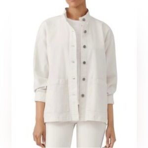 EILEEN FISHER Sz L Shirt Jacket Silver Toned Buttons Patch Pockets Unlined